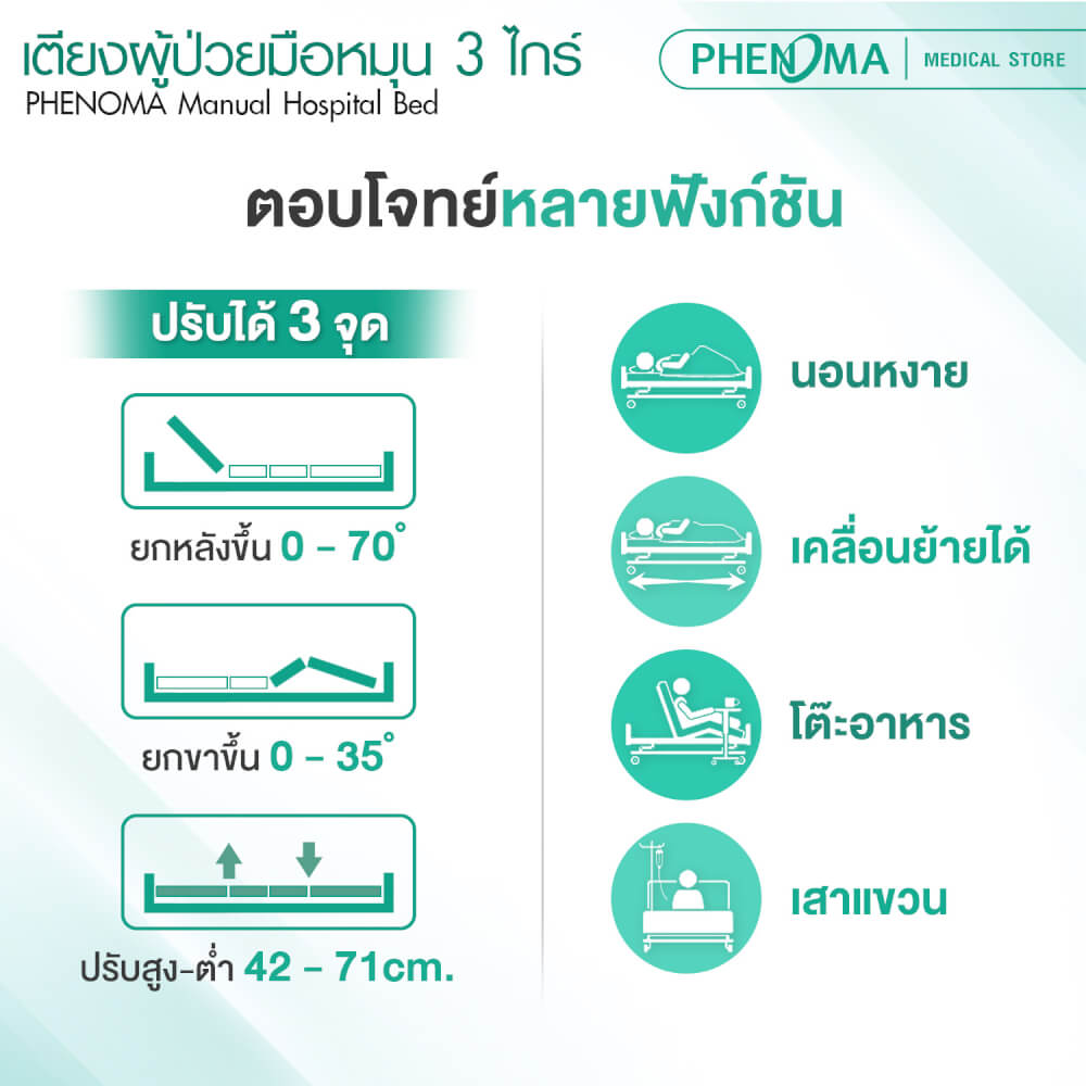 เตียงผู้ป่วย 3 ไกร์ PHENOMA แบบหมุนมือ พร้อมเบาะหนังและราวสไลด์ ปรับระดับได้ มีล้อเข็น มาตรฐานโรงพยาบาล_4